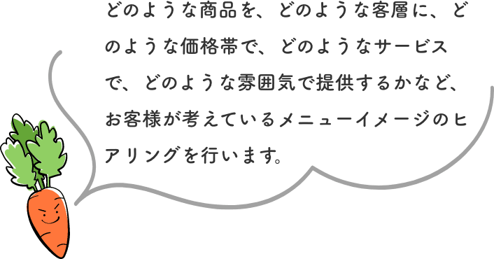 どのような商品を、どのような客層に、どのような価格帯で、どのようなサービスで、どのような雰囲気で提供するかなど、お客様が考えているメニューイメージのヒアリングを行います。