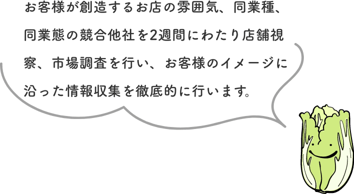 お客様が創造するお店の雰囲気、同業種、同業態の競合他社を2週間にわたり店舗視察、市場調査を行い、お客様のイメージに沿った情報収集を徹底的に行います。